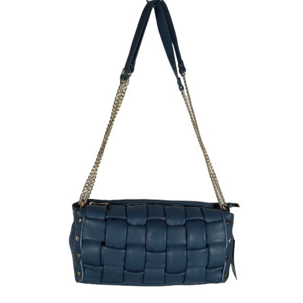 Valentina Fiore NWT Blue Leather Bag Woven Italy Crossbody Purse Gold Chain 14x7